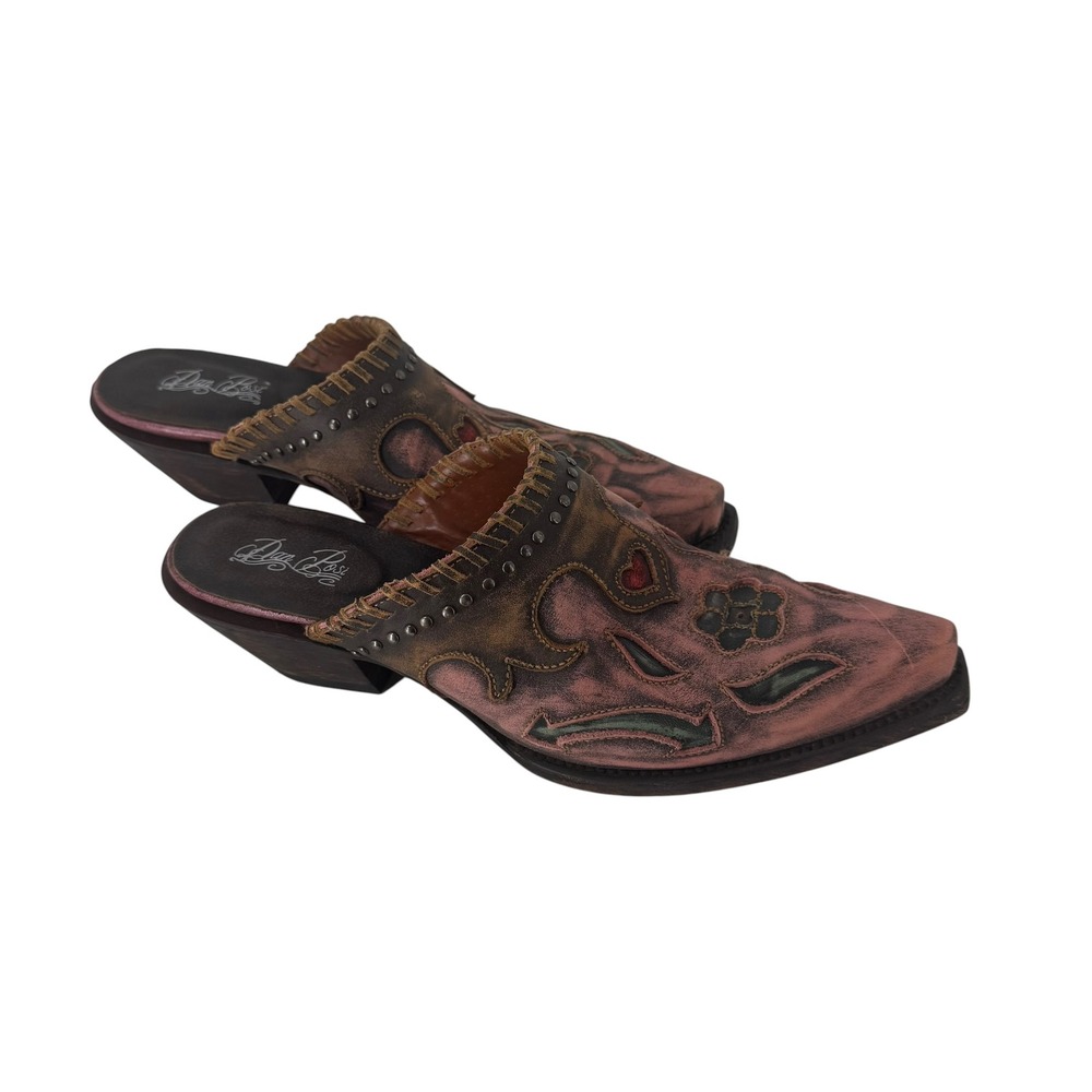 Dan Post Womens Pink Leather Western Mules Pointed Toe Heart Floral Clogs 9.5 M - Picture 3 of 11